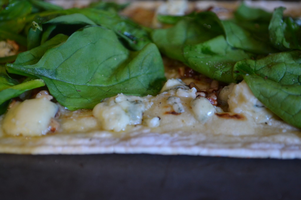 Thin Crust Spinach, Blue Cheese and Pecan Pizza - Melted Cheeses